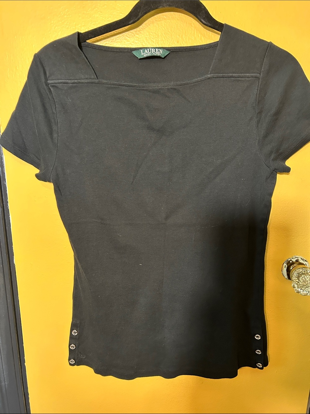 Lauren Ralph Lauren Black Short-Sleeve Square-Neck Tee with Side Button Accents
